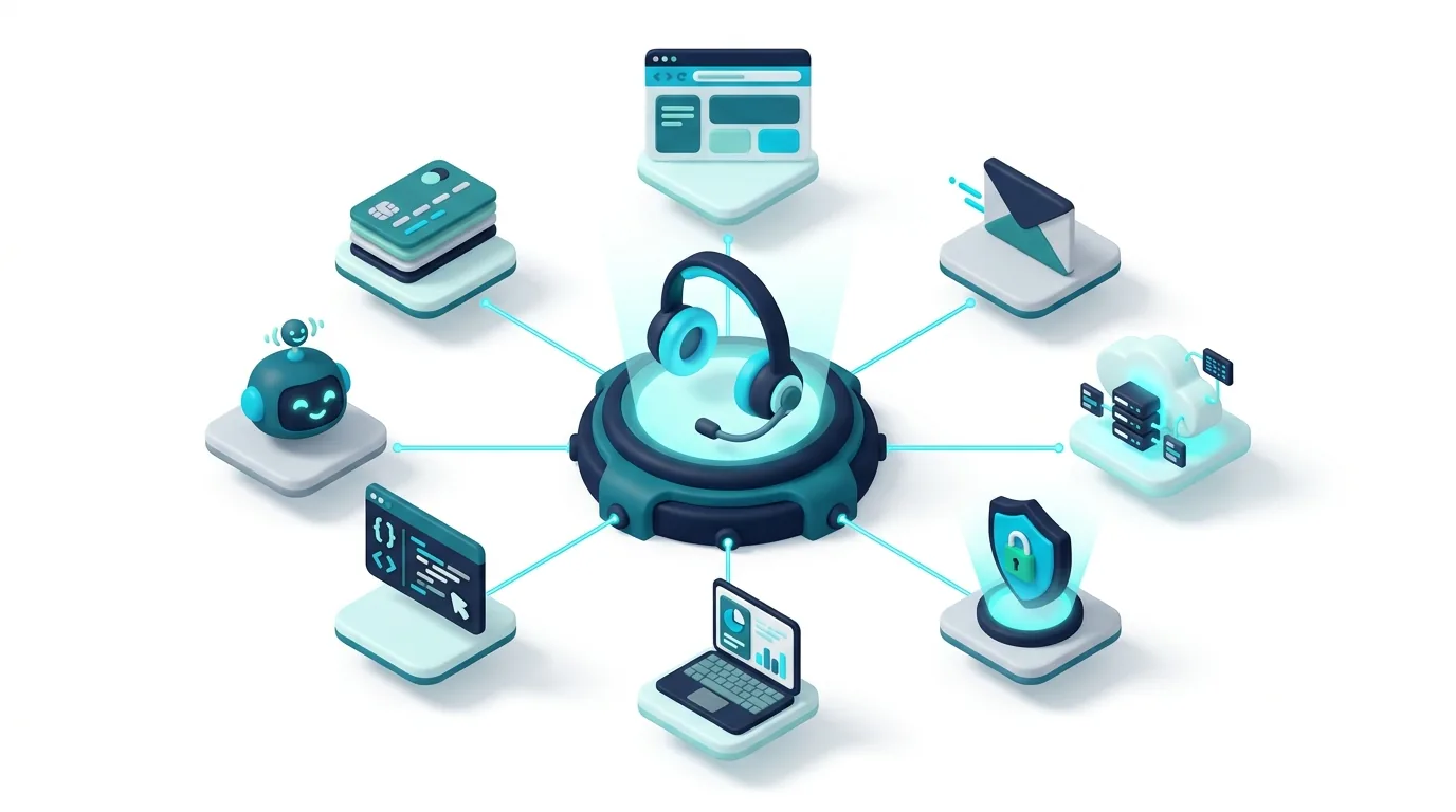 One support hub connected to websites, email, cloud, security, laptops, software, AI agents and licences