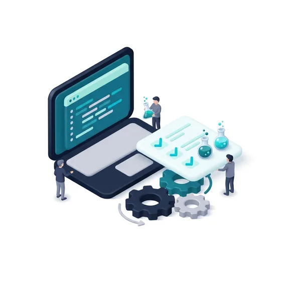 Laptop with code, a checklist and test beakers