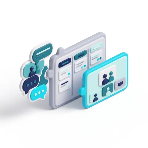 Chat, task board and video call fitting together like puzzle pieces