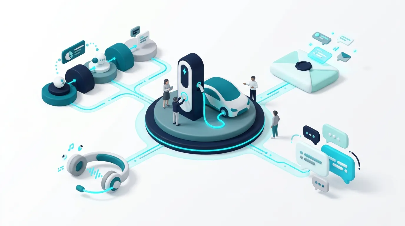 EV charging station connected to a CRM pipeline, a call headset, email and SMS bubbles