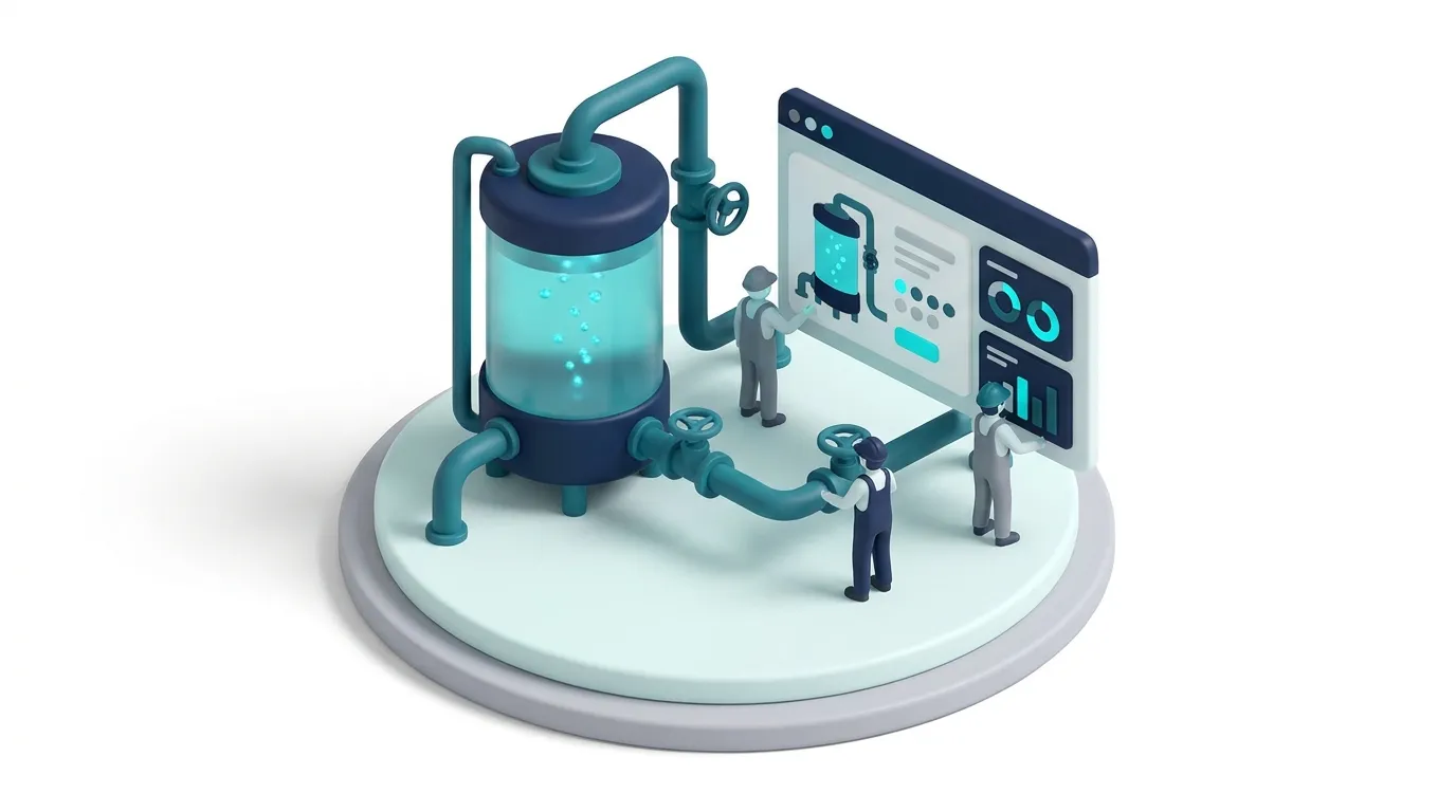 Industrial water tank with rising bubbles connected to a website configurator and a dashboard
